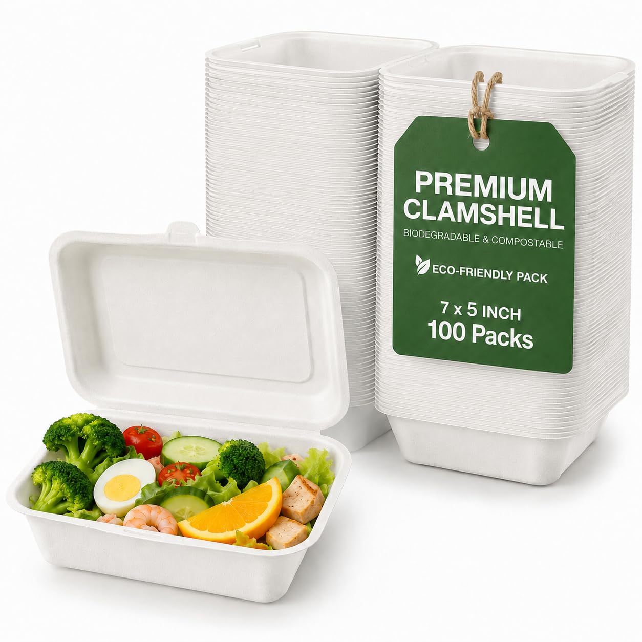 VylEco Eco-Friendly Clamshell Takeaway Boxes – Disposable Food Containers with Lid, Biodegradable Sugarcane Bagasse, Leak Resistant & Microwave Safe (7x5 Inch (Pack of 100))