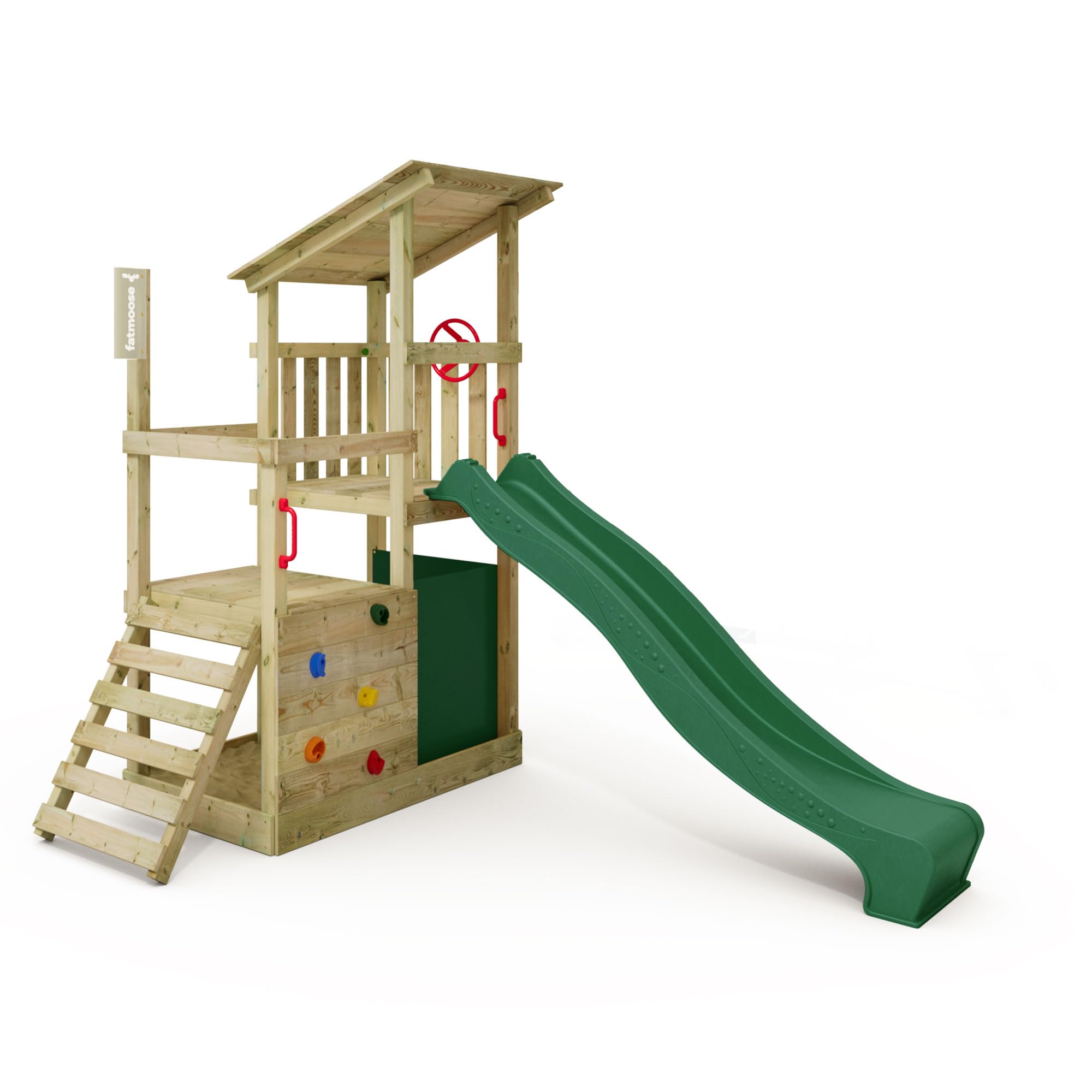 Fatmoose Parco giochi Portico Arrampicata FruityForest Fun XXL con Scivolo Verde, all'aperto Bambini Torre di arrampicata con sandbox, scala & Accessori per giochi