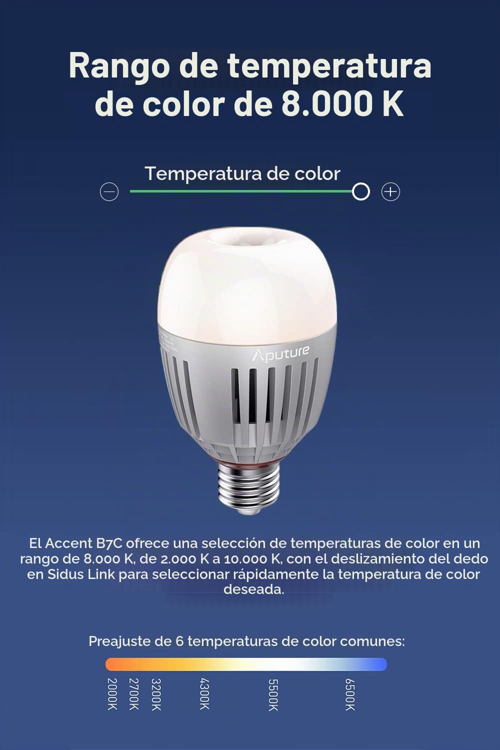 Aputure Accent B7C Bombillas Led Inteligentes 7W RGBWW, TLCI 96+ CRI 95+ 2.000-10.000K, Modo CCT/HSI/FX con Control de la App Sidus Link, Batería Incorporada/Alimentación de CA a Través de E26/E27