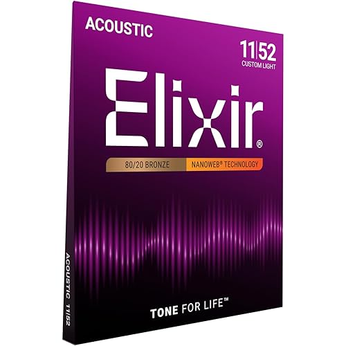 Elixir Strings, Acoustic Guitar Strings, 80/20 Bronze with NANOWEB Technology, Longest-Lasting Bright and Focused Tone For Life with Comfortable Feel, 6 String Set, Custom Light 11-52