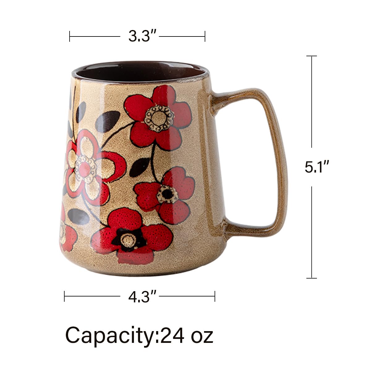 Amazon.com: XINRRY Large 24 oz Ceramic Coffee Mug with Handle, Vintage  Floral Coffee Cup, Extra Big Tea Cup for Office and Home, Dishwasher and  Microwave Safe, Khaki with Red Flower : Home