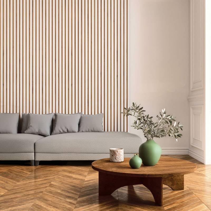 DECOON – Panel de pared listones de madera rígida 250 x 30 x 1,4 cm, decoración blanca y fondo de roble, revestimiento decorativo 3D para paredes interiores, fácil de colocar, efecto alivio moderno
