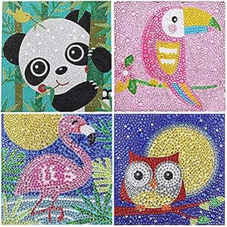 4 Pack 5D Diamond Painting by Number Kit for Children,DIY Full Drill Diamond Dots Cross Stitch Beginners Art Crafts Kits,Kids Gift for Home Wall Decor 15x15CM (Panda  Parrot Bird Flamingo and Owl )
