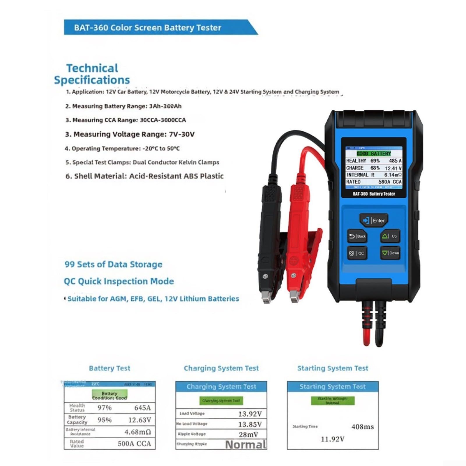 BAT-360 - Comprobador de batería para coche (12 V, con sistema de arranque y sistema de carga, pantalla TFT, comprobador de batería para AGM para Efb GEL para Lifepo4, coche, moto, camión, para taller