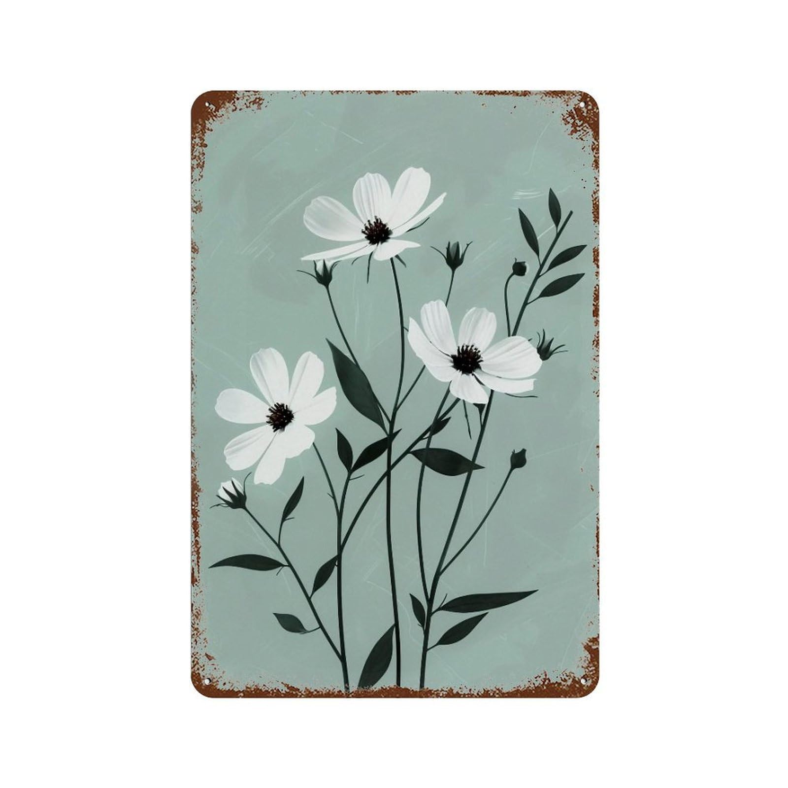 WUJHGRSG Mint Tone Minimal Flat White Blossom 02 Wall Art Retro Iron Vintage Metal Tin Sign Poster Modern Decor for Home Cofffee Club Bar Shop Style 30x20cm
