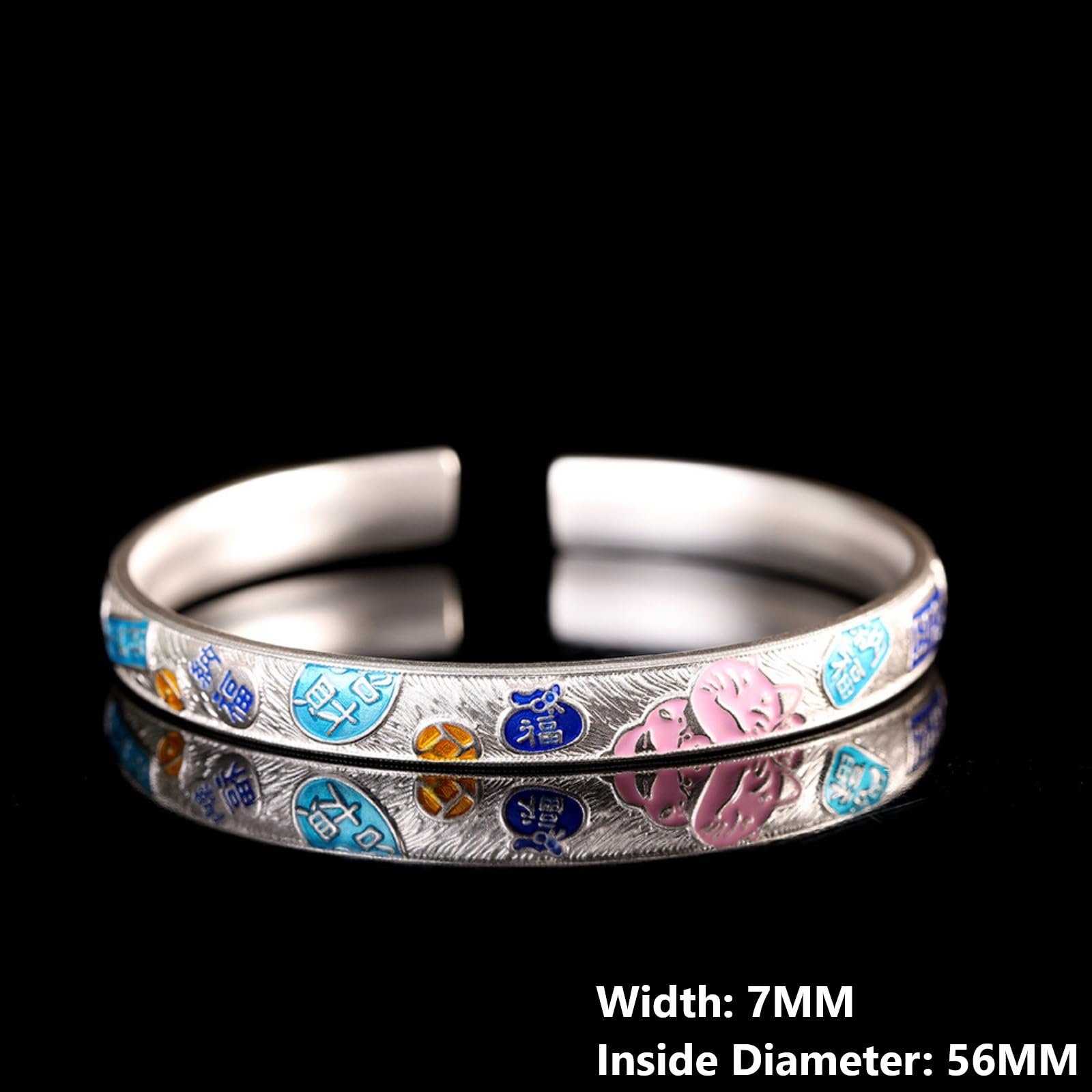 Braccialetti d'argento, braccialetti da braccialet Bracciale rigido aperto di buon auspicio in argento sterling S999 da donna, smaltato, artigianato tradizionale, accessorio perfetto for appuntamento,