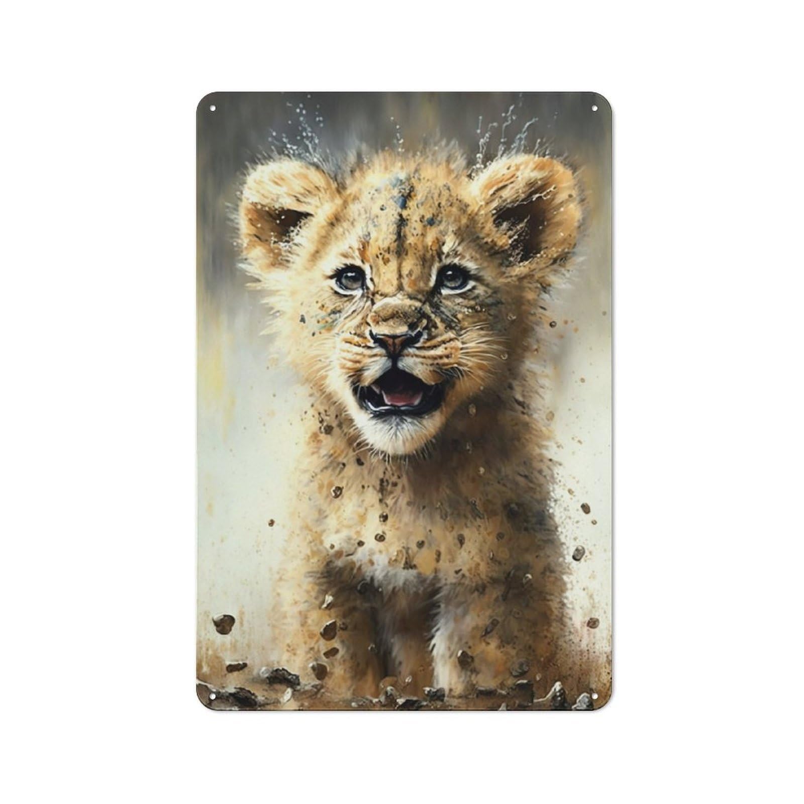 Junmoney Lion Watercolor Drawing Vintage-Inspired Tin Sign 30X20cm For Living Room Wall, For Display In Living Rooms And Feature Walls