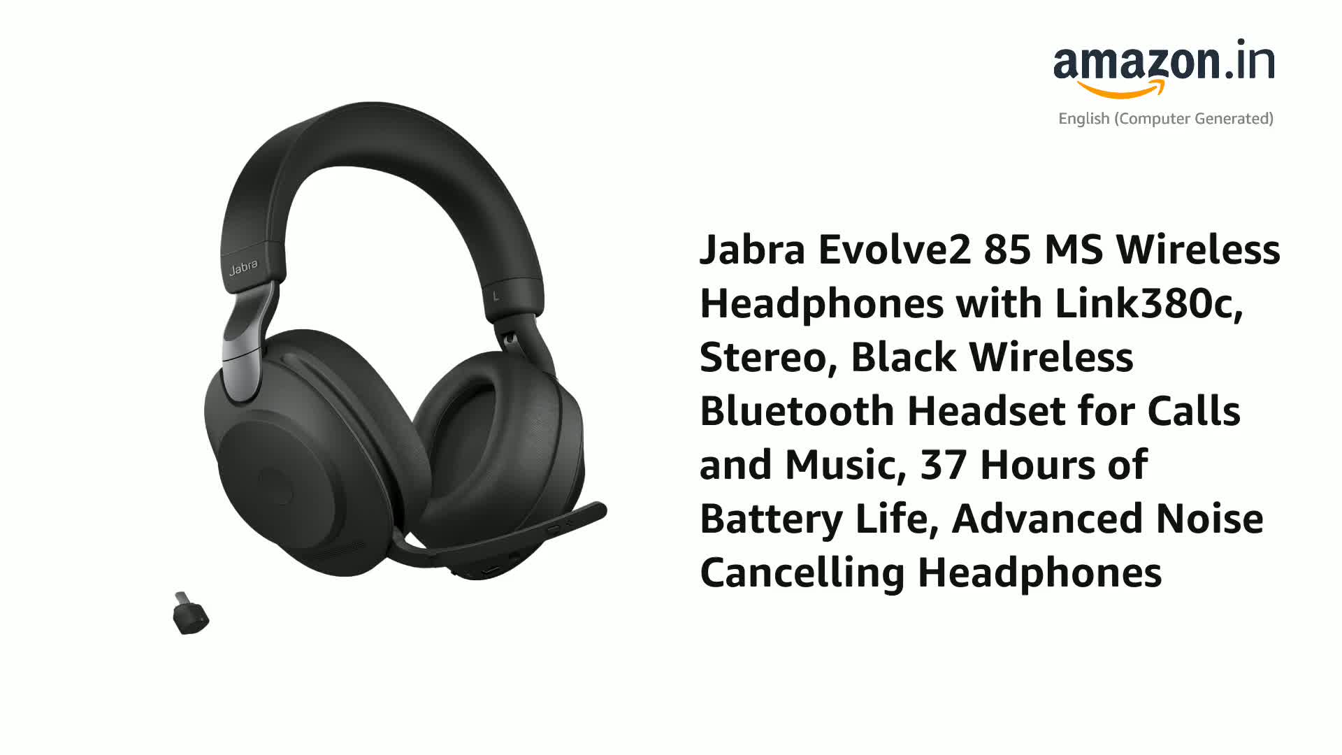 Jabra Evolve2 85 MS Wireless Headphones with Link380c, Stereo