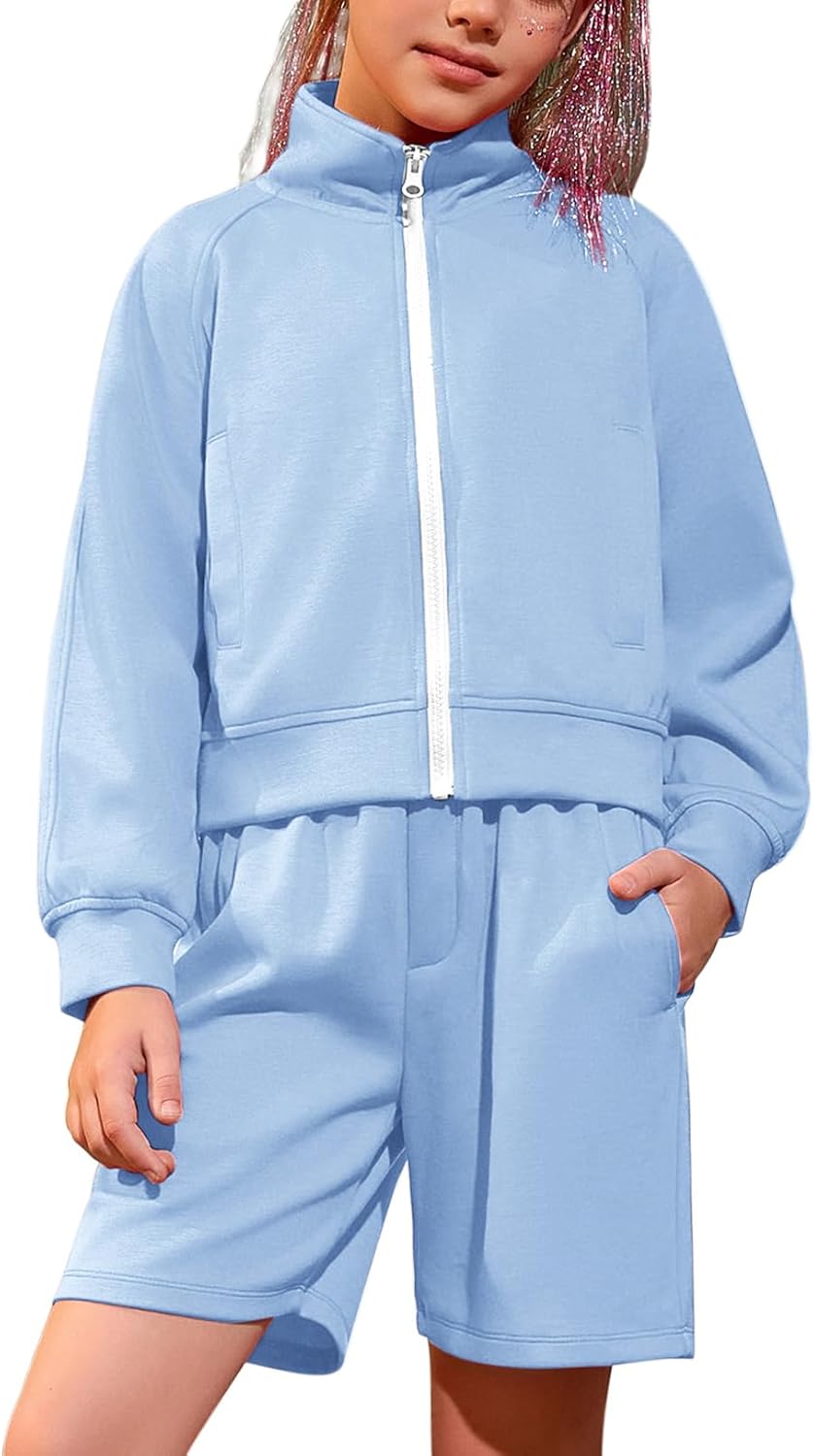 QPANCY Two Piece Sets for Girls Casual Sweatsuit Long Sleeve Full Zip Up Tracksuit Kid Sweat Shorts Sets