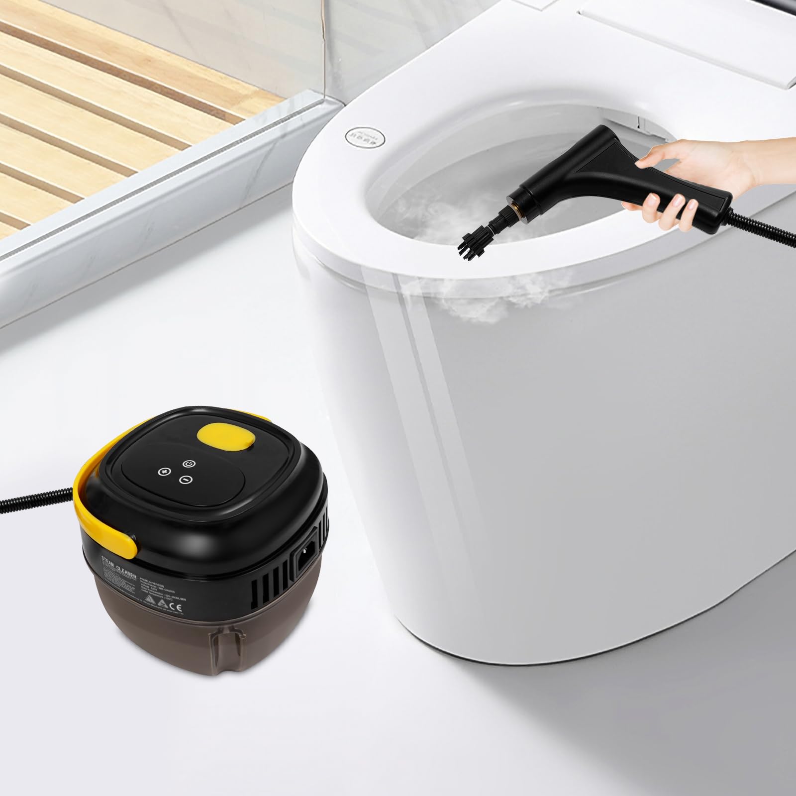 Myjka parowa, ręczna myjka parowa, 1500 W, ciśnienie 3 barów, 6 poziomów pary, zbiornik na wodę 1700 ml, do kuchni i gospodarstwa domowego, z 4 szczotkami i drążkiem przedłużającym (kolor czarny