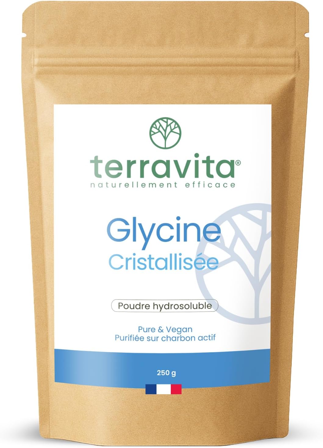 Glycine Cristallisée Pure | Alternative Vegan au Collagène | Peau, Sommeil et Santé Articulaire | Sachet Refermable 250g de Poudre | Cure 50 jours | Sans OGM ni Additifs | Made in France | Terravita
