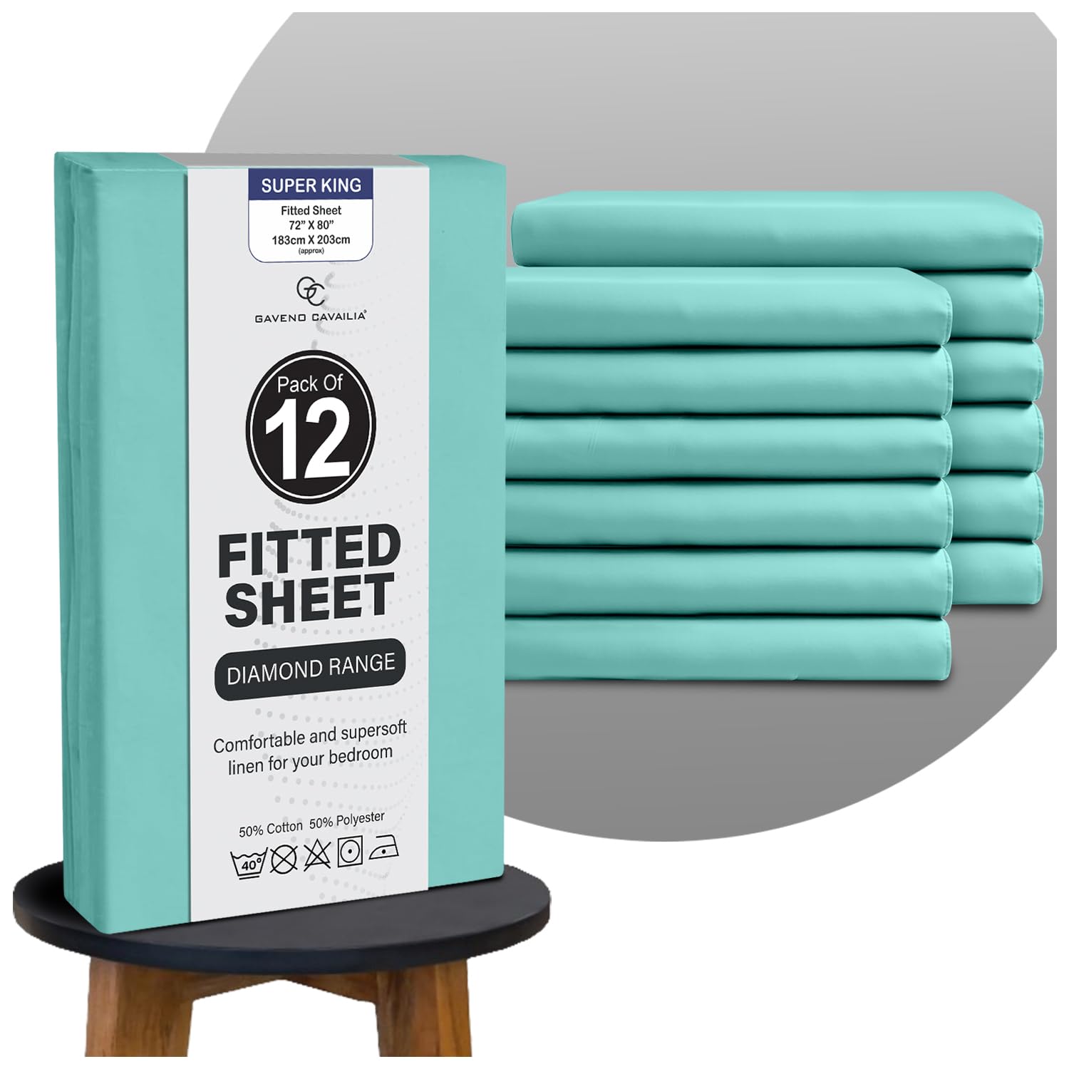 GC GAVENO CAVAILIA Breathable Lightweight Plain Dyed Super King Fitted Sheet Bedding Set, Luxury Polycotton Superking Fitted Sheet 12 Pack, Extra Deep Soft Elasticated Corner Bed Sheets (25 cm), Aqua