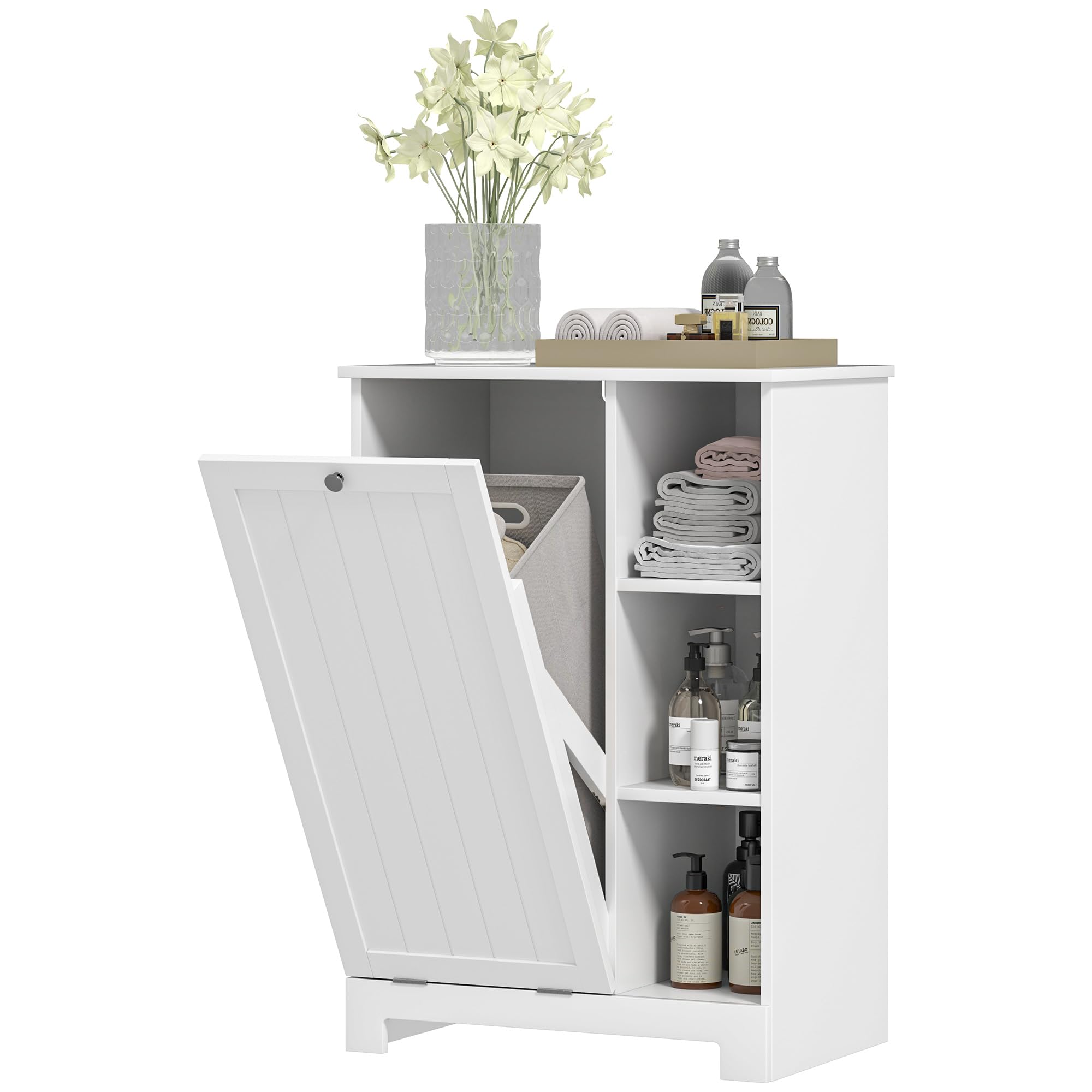 HOMCOM Armario de Baño con Cesto Ropa Sucia Mueble de Baño con Puerta Abatible Estantes Abiertos y Cesta Extraíble 60x38x86 cm Blanco