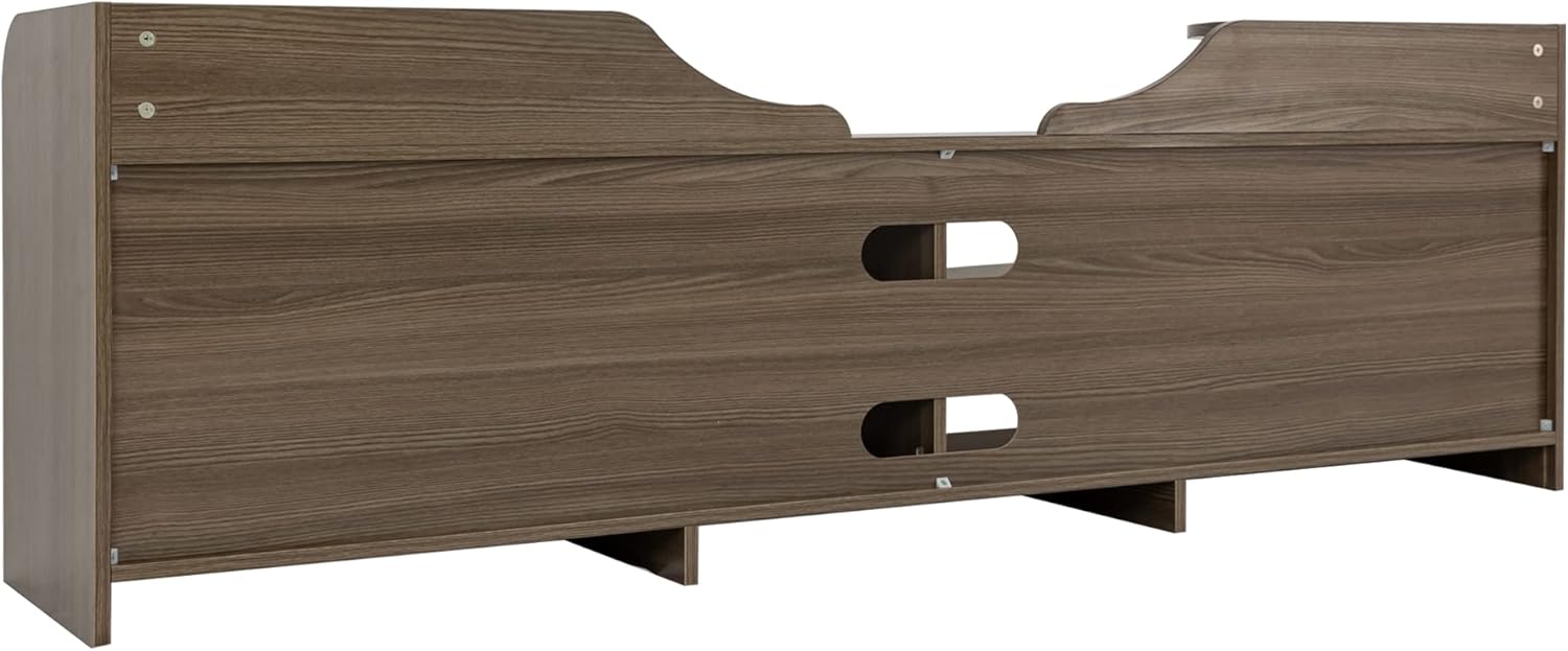 Bag view of the TV stand showing cable management and support