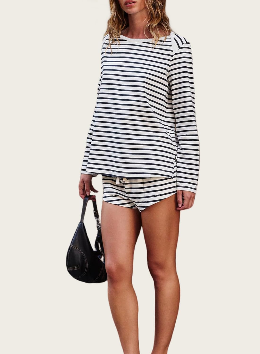 Womens Cotton Pajama Sets Casual Loungewear Set Striped Long Sleeve Tops and Shorts Pjs Lounge Sets with Pockets - Image 2