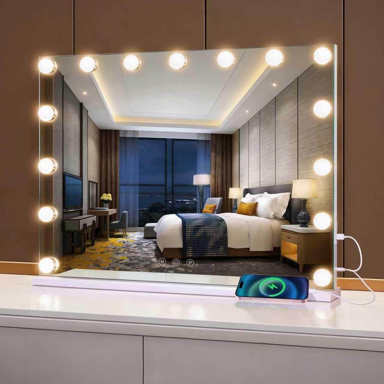 LISA Hollywood Espejo de Maquillaje con Luz LED Grande, 50x42cm Flamingueo Espejo Tocador 14 Bombillas, Ajustable 3 Modos de Luz, Táctil, Puerto USB,Espejo x10 Aumento Makeup, Mesa y Pared