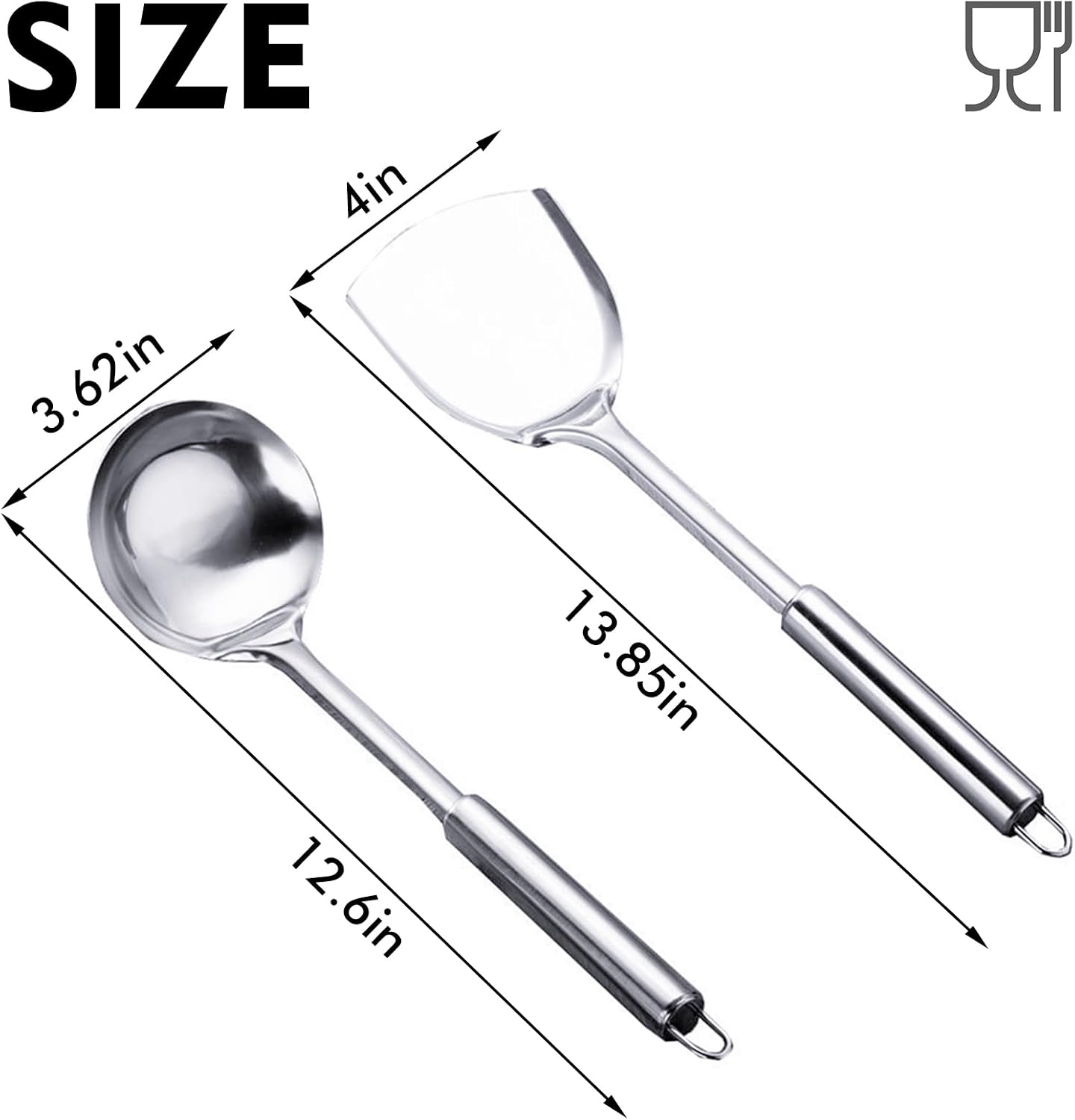 Cooking Utensils Set 2PCS 304 Stainless Steel Spatula and Large Cooking Spoon, Heavy Duty Metal Soup Ladle Long Handle Wok Spatula
