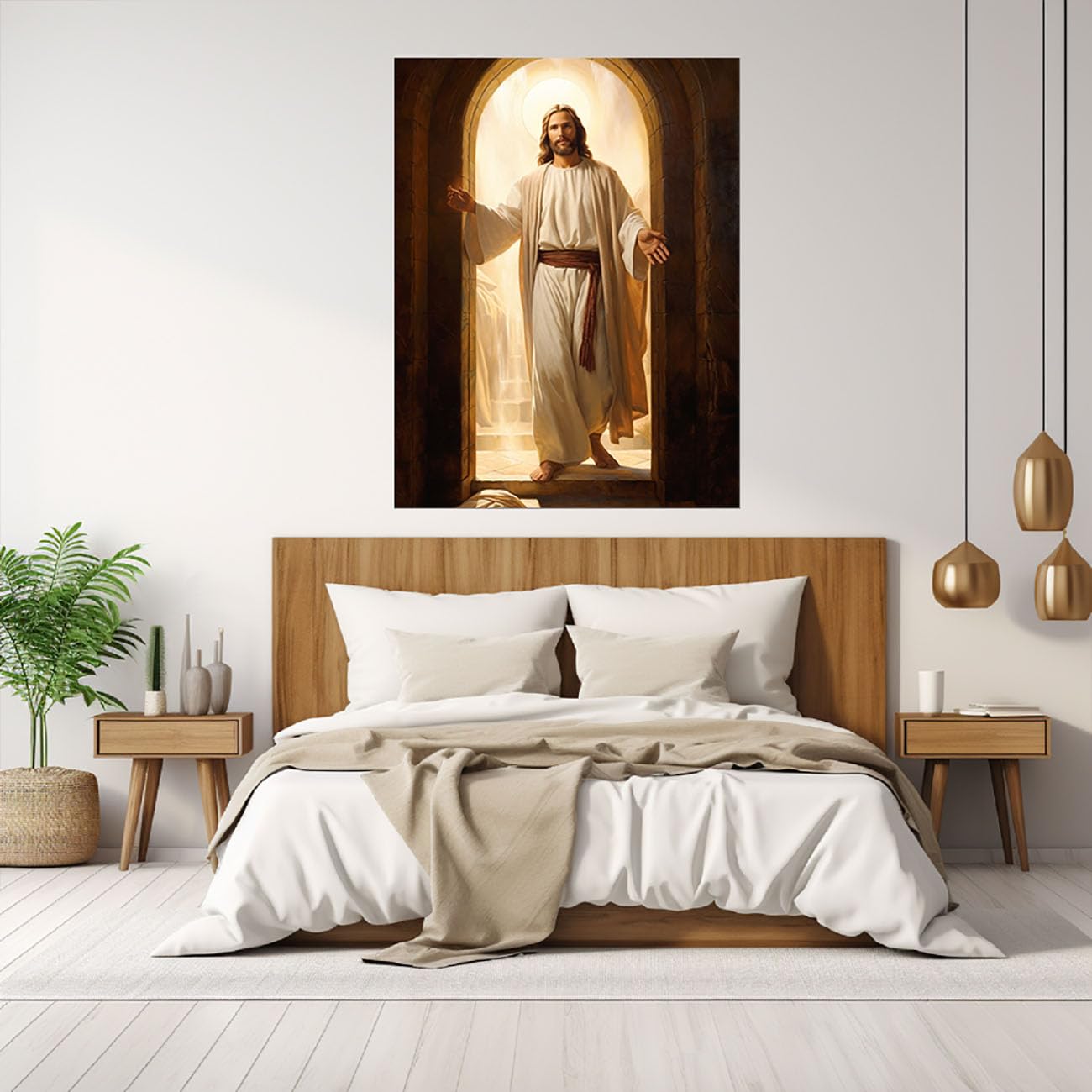 WIKEO Obrazy Jezusa na ścianę Jezus otwiera swoje ręce, chrześcijański plakat duchowy, abstrakcyjne dzieła sztuki, dekoracja domu do pokoju modlitewnego, salonu (złote 9) - 80 x 120 cm, nieoprawione