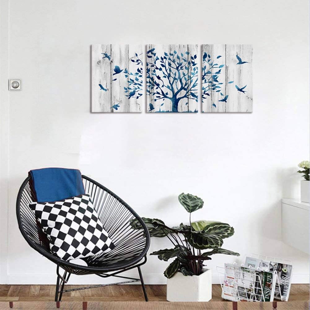 WELMECO Rustic 3 Pieces Blue Tree with Birds Picture Rustic Wood Texture Giclee Prints Stretched Ready to Hang for Modern Living Room Bedroom Kitchen Bathroom Housewarming Gift