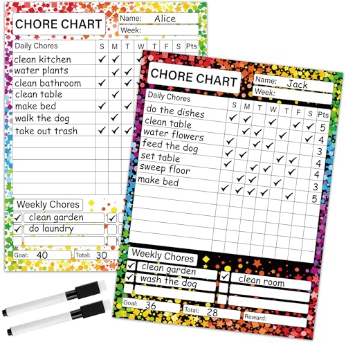2 Pack Magnetic Chore Chart for Kids 12" x 9" Confetti Dry Erase Reward Chore Charts Weekly Behavior Responsibility Chores Board for Teens Adults Fridge Family Task Organization Home Rewards