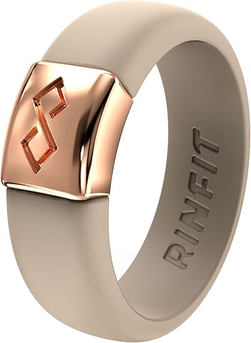 Rinfit - Anillos de silicona para mujer y hombre, alianzas de boda de silicona, anillo infinito con placa de metal, anillos de goma, colección