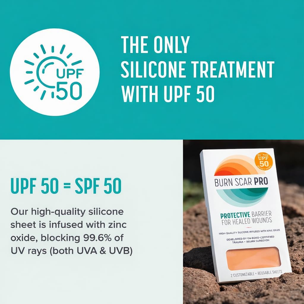 Burn Scar Pro™ Silicone Scar Sheets with Sunscreen – Fade Burn Scars, Keloids, and Scars from Surgery – Reusable Patches for Skin Burns, Facial Scars, and Healed Wounds – 6” x 3.5” (2 Sheets)