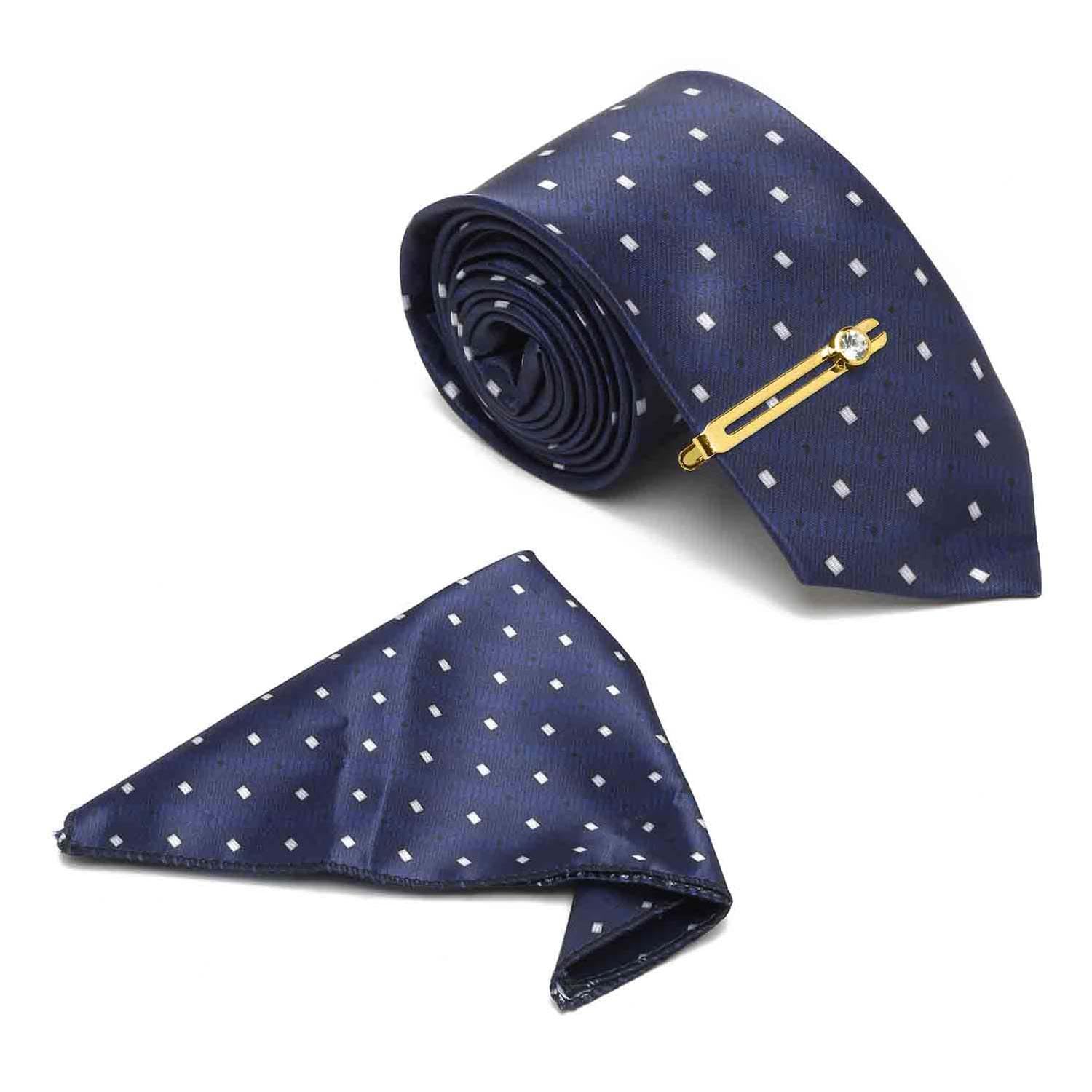Mens Blue Silk Necktie Set Incl Pocket Square Golden Tiepin American Style Formal Tie Gift Set for Men (TEGPBU)-image-35