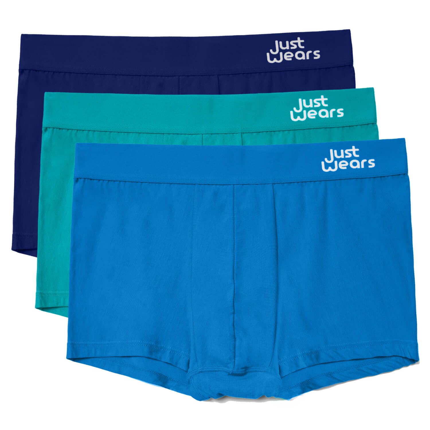 Justwears Dark Blue Light Blue Light Green Trunks With Pouch - Pack Of 3 | Anti Chafing No Ride Up Organic Underwear For Men | For Everyday Wear Or Sports Like Cycling & Running | Dark Blue Light Blue & Light Green | Large Large