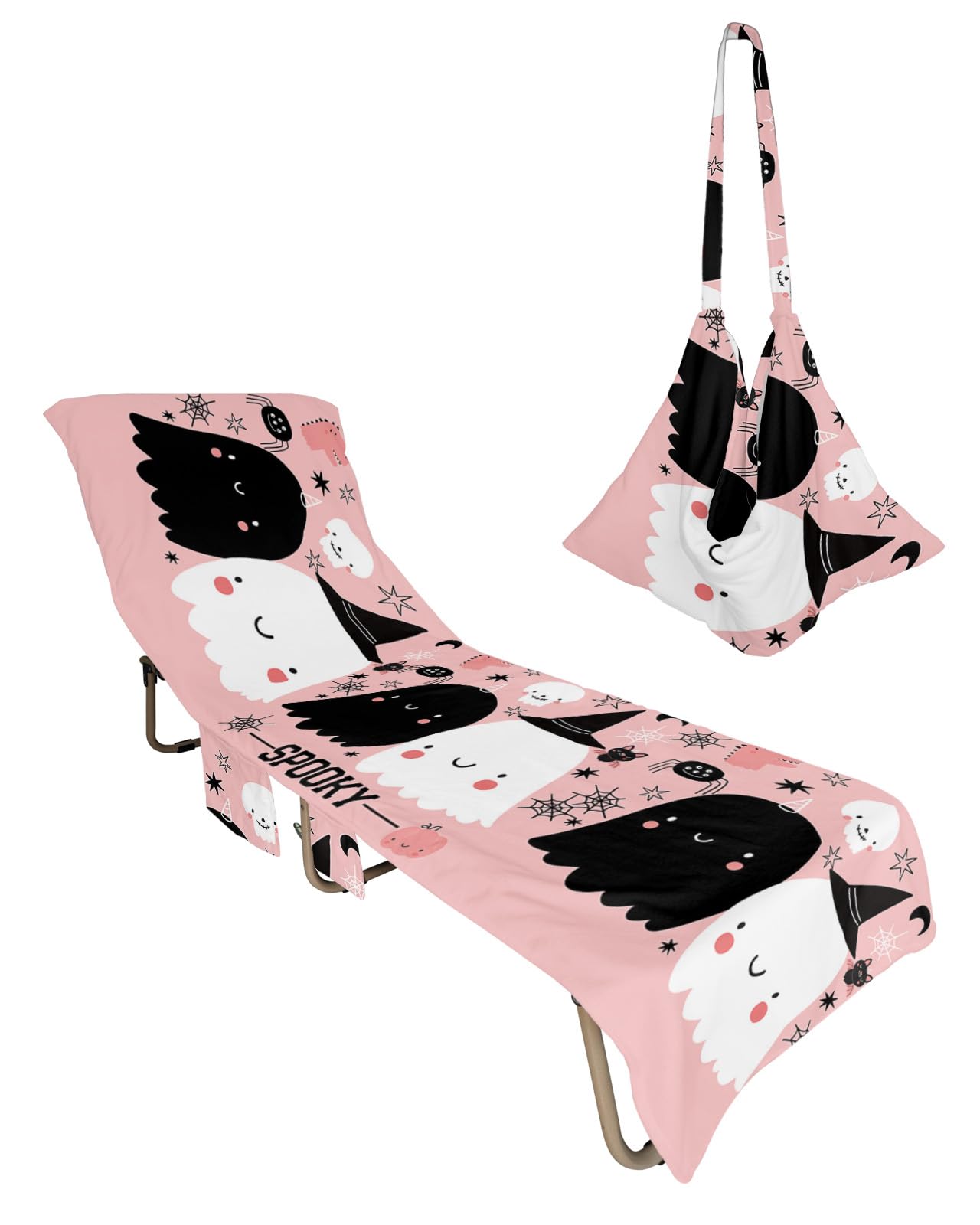 Halloween Beach Lounge Chair Towel Cover, Soft Chaise Lounge Towel with Side Pockets Patio Pool Chairs Cover for Beach/Pool Sunbathing 29x85 Black White Ghost Skull Pink
