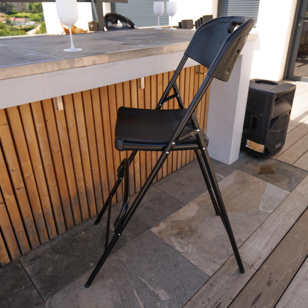 Lot de deux chaises de bar pliantes noires - Ht 120cm - Chaises hautes pliantes - Cadre en acier - avec dossier et repose pied