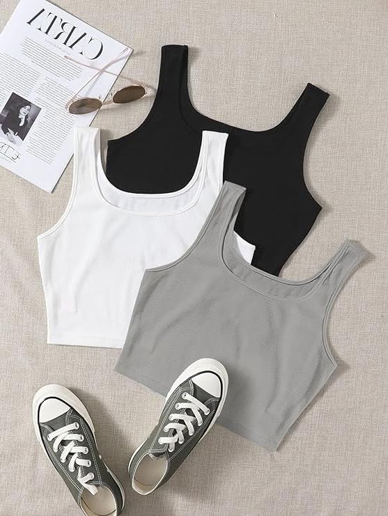Image of Toochki Women's Knitted Sleeveless Solid Sqaure Neck Ribbed Tank & Crop Tops (Pack of 3)
