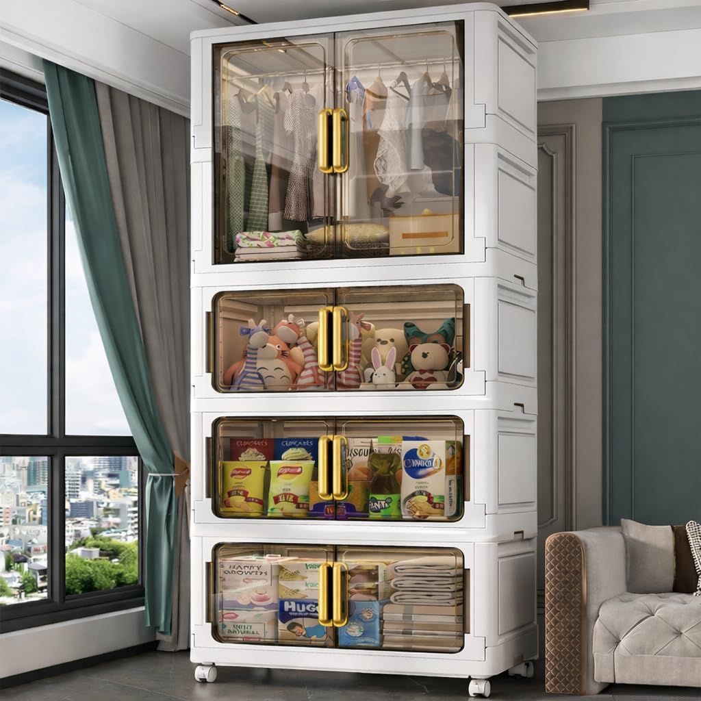 EXVITO Modular Plastic Wardrobe for Bedroom | 1 Tier+3 Bins Foldable Cupboard with Hanging Rod | Stackable Storage Almirah for Clothes with Wheels | Multi-Layer Plastic Storage Cabinet -Trans 713