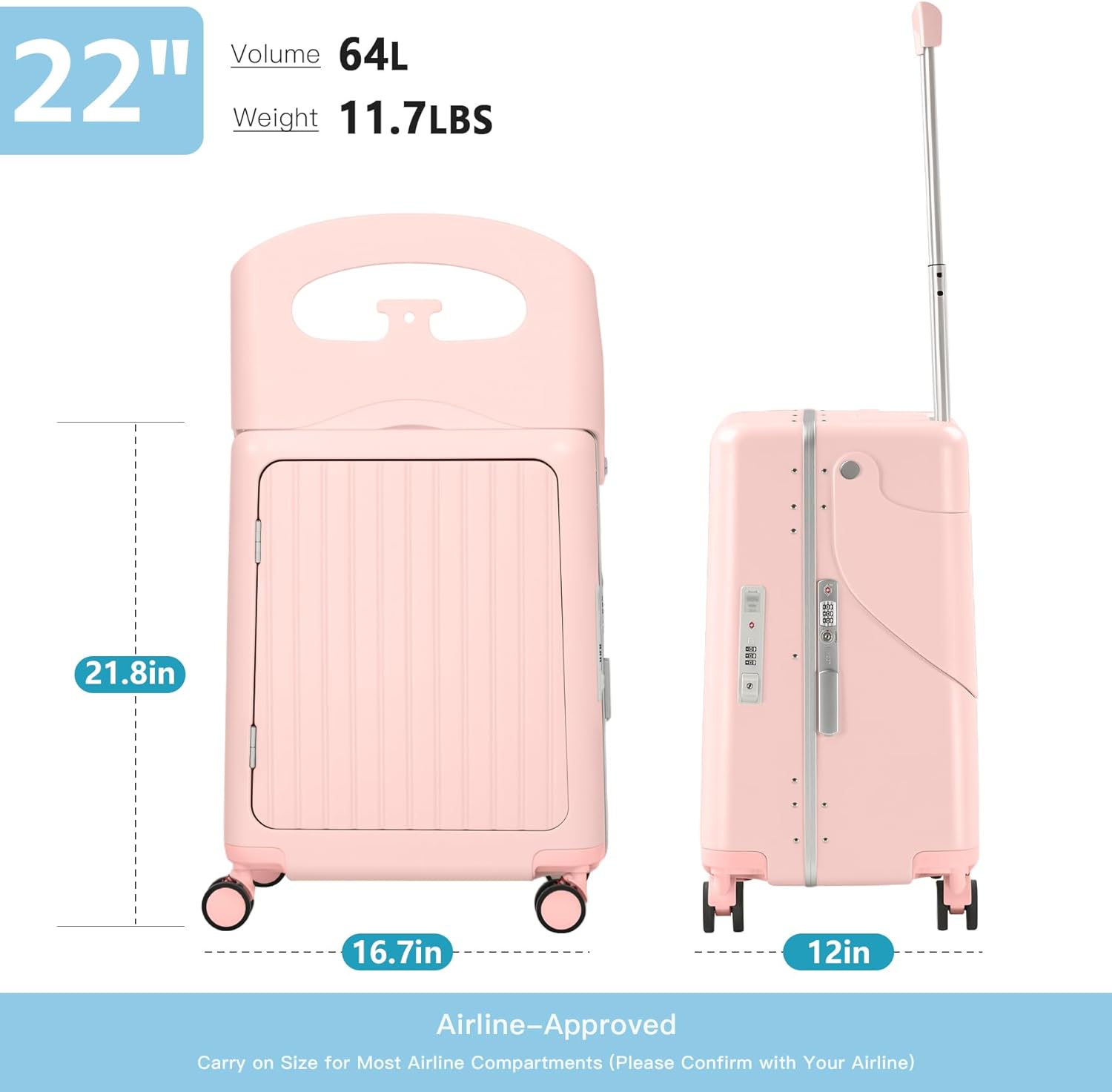 Diagram showing the dimensions of the 22-inch luggage: 21.8 inches height, 16.7 inches width, 12 inches depth.