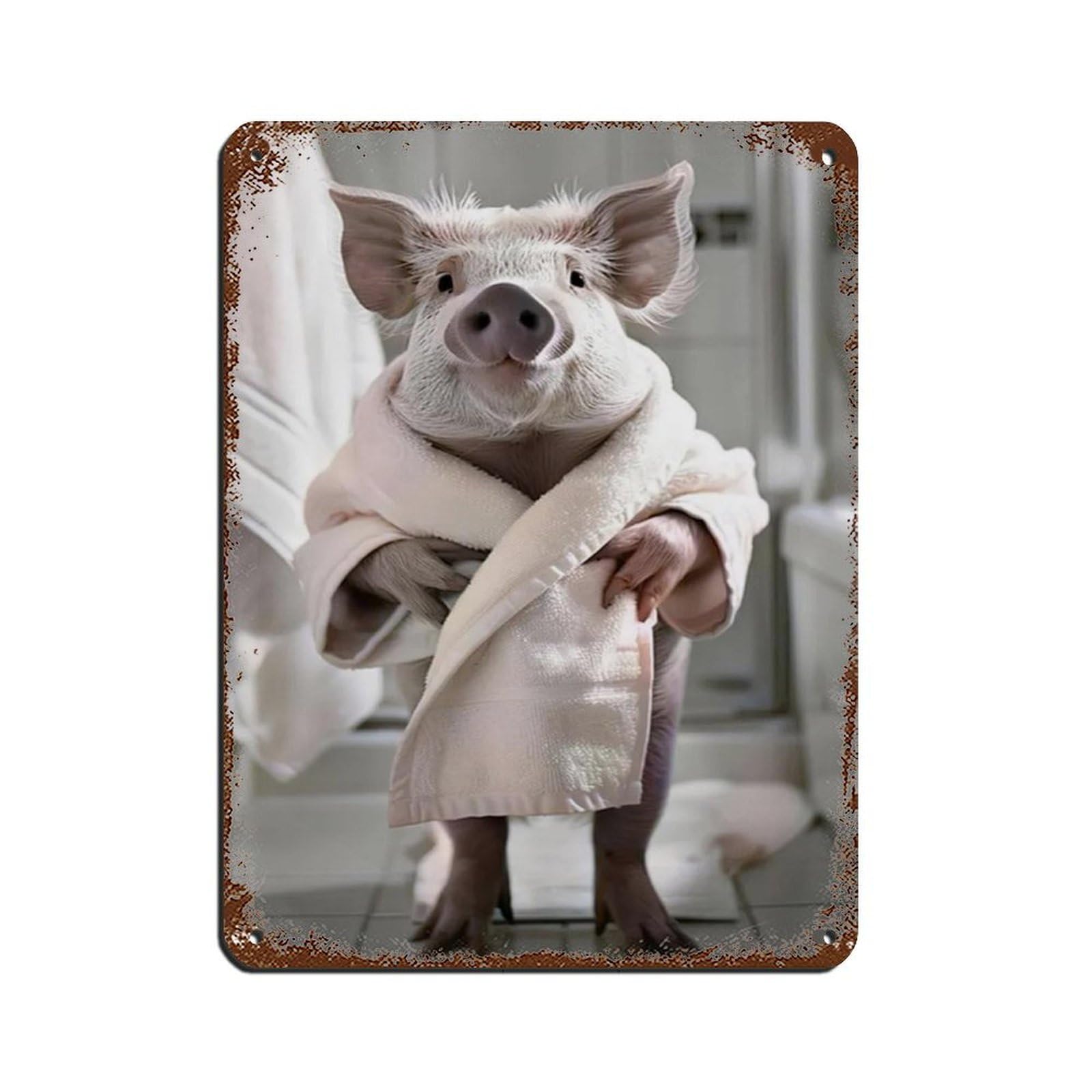 Funny Pig in Bathrobe, Bathroom Art Tin Sign Vintage Metal Pub Club Cafe Bar Home Wall Art Decoration Poster Retro 12x16inch(30x40cm)