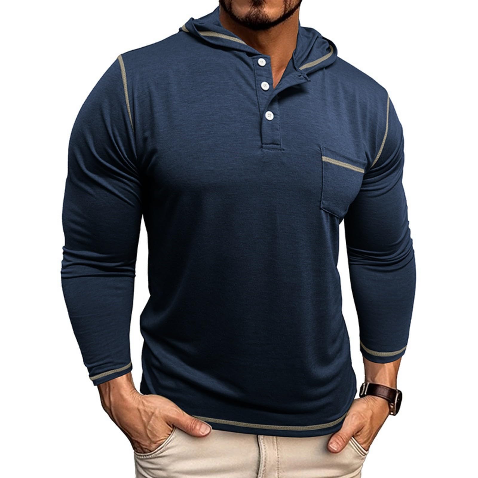 Men's Casual Hooded Henley Shirts Long Sleeve Lightweight Button Placket Pullover Tops