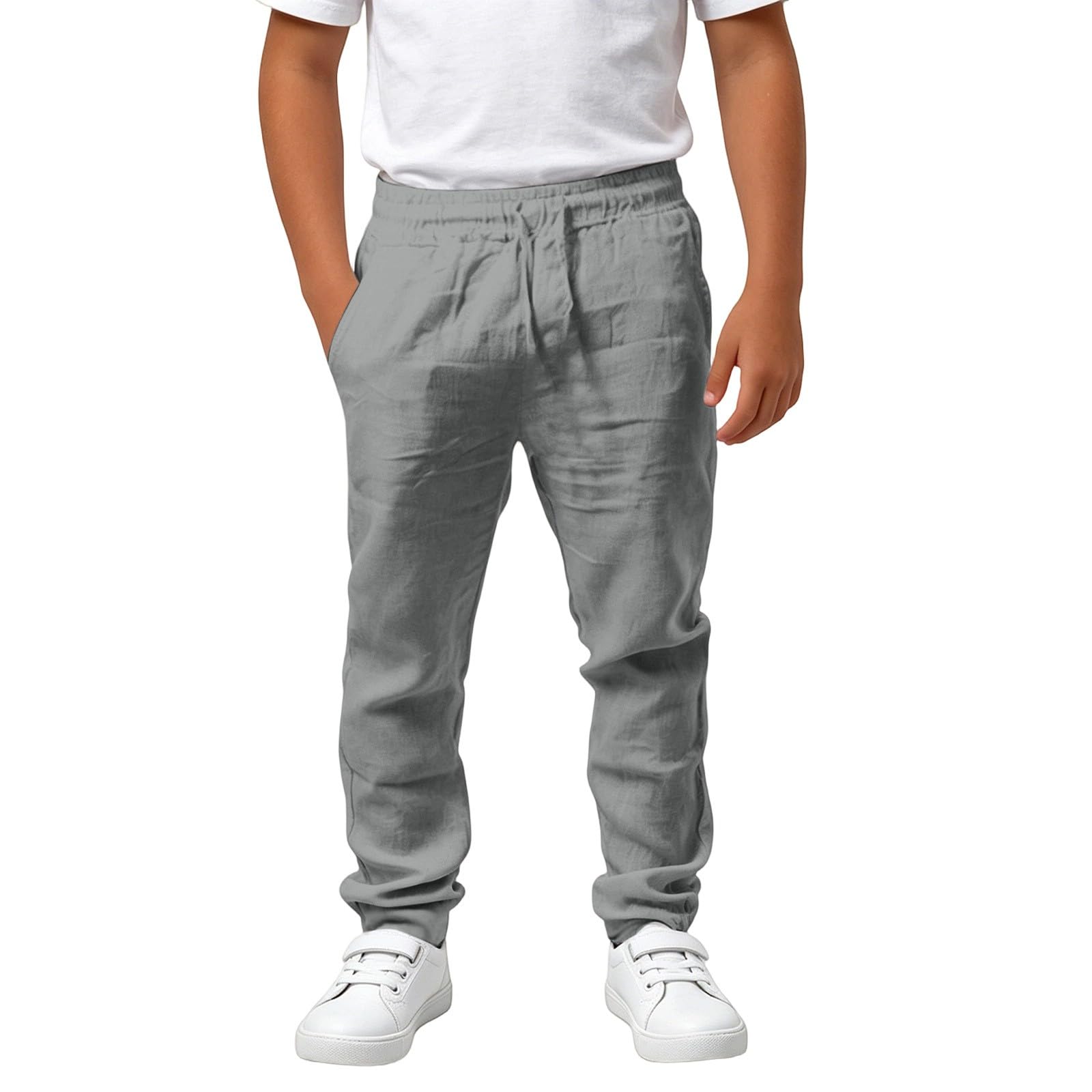 Pantalones de Muselina para Niños con Cintura Elástica, Pantalones de Algodón y Lino Casuales Sueltos de Color Liso para Niño, Pantalón de Verano Infantil, Ligero, Cómodo, Transpirable, con Bolsillos