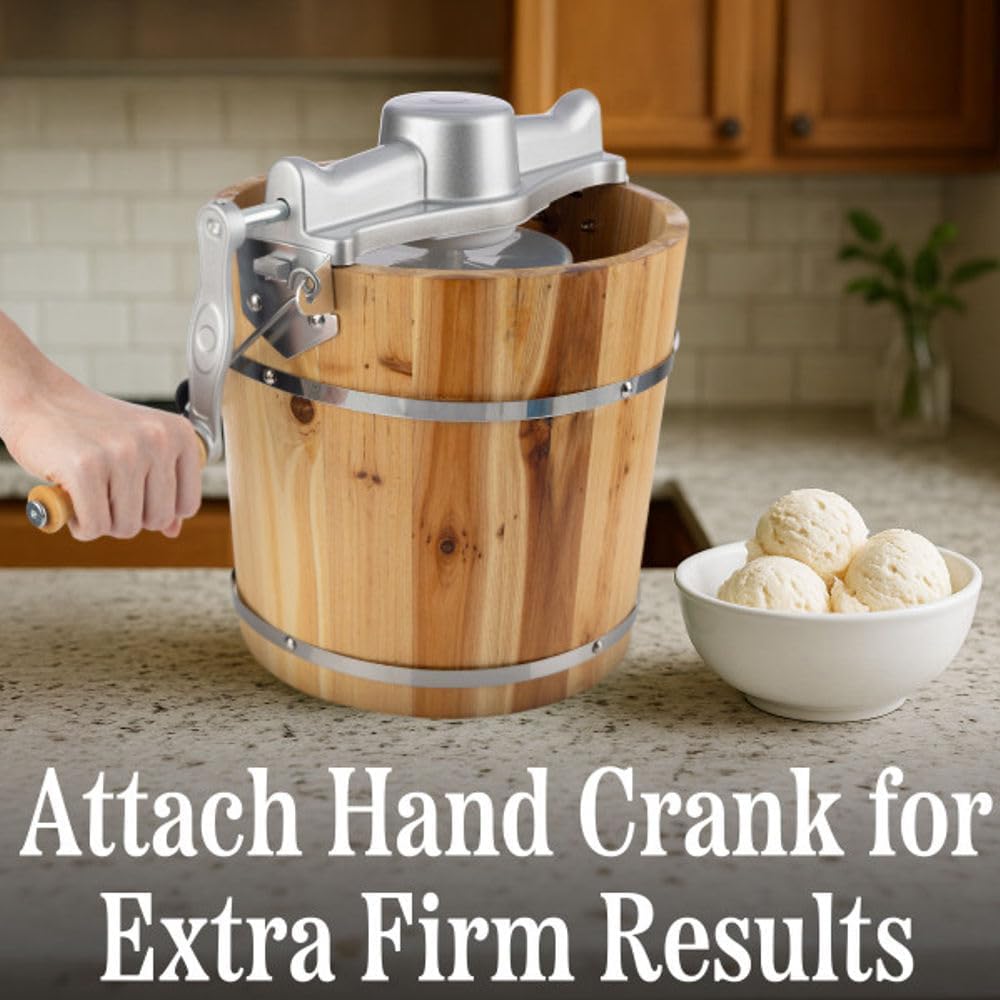 Electric Ice Cream Maker Machine - 4 Quart Old Fashioned Icecream Maker with Hand Crank and Electric Paddle - Pine Wood Bucket Ice Cream Machine for Frozen Yogurt, Gelato, Sorbet by Classic Cuisine