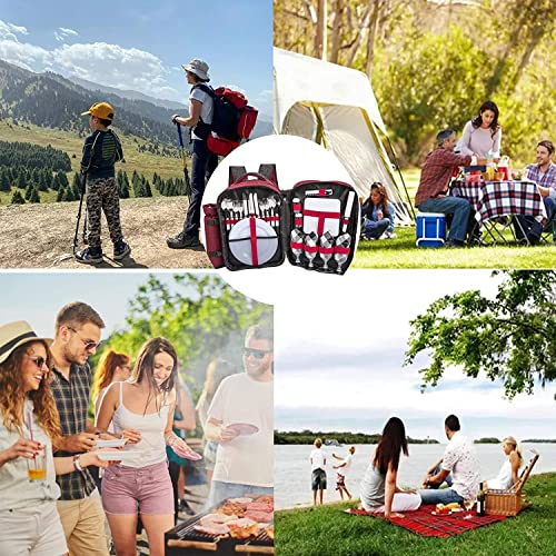 Picnic Backpack Set For 4 Persons With Insulated Cooler Compartment Free Waterproof Blanket(45"X53") ,Picnic Backpack Bag Cutlery Service Kits, Perfect For Family Travel Camping Beach (Red) #TOP6