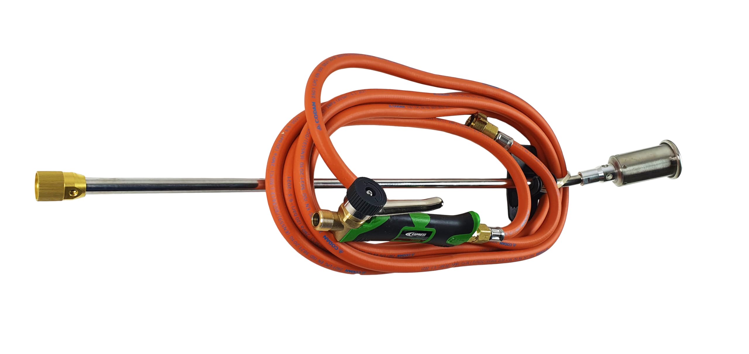 Express, 6503, Kit Désherbage composé d'un Manche 650 Vert, d'un Brûleur 35SL600 avec Puissance 35 KW, d'un Tuyau de 4,75m réf. 963/5 et d'un Raccord Direct pour Bouteille Butane