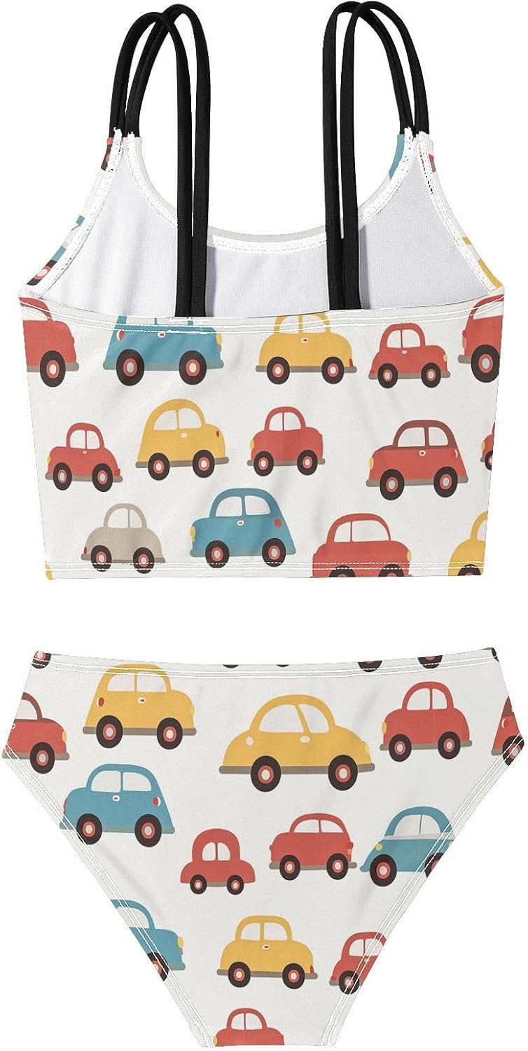 visesunny Girls Two Piece Swimsuits Cartoon Car Taxi Pattern Girl's Bikini Sets Bathing Suits for Girls Size 5-12Y