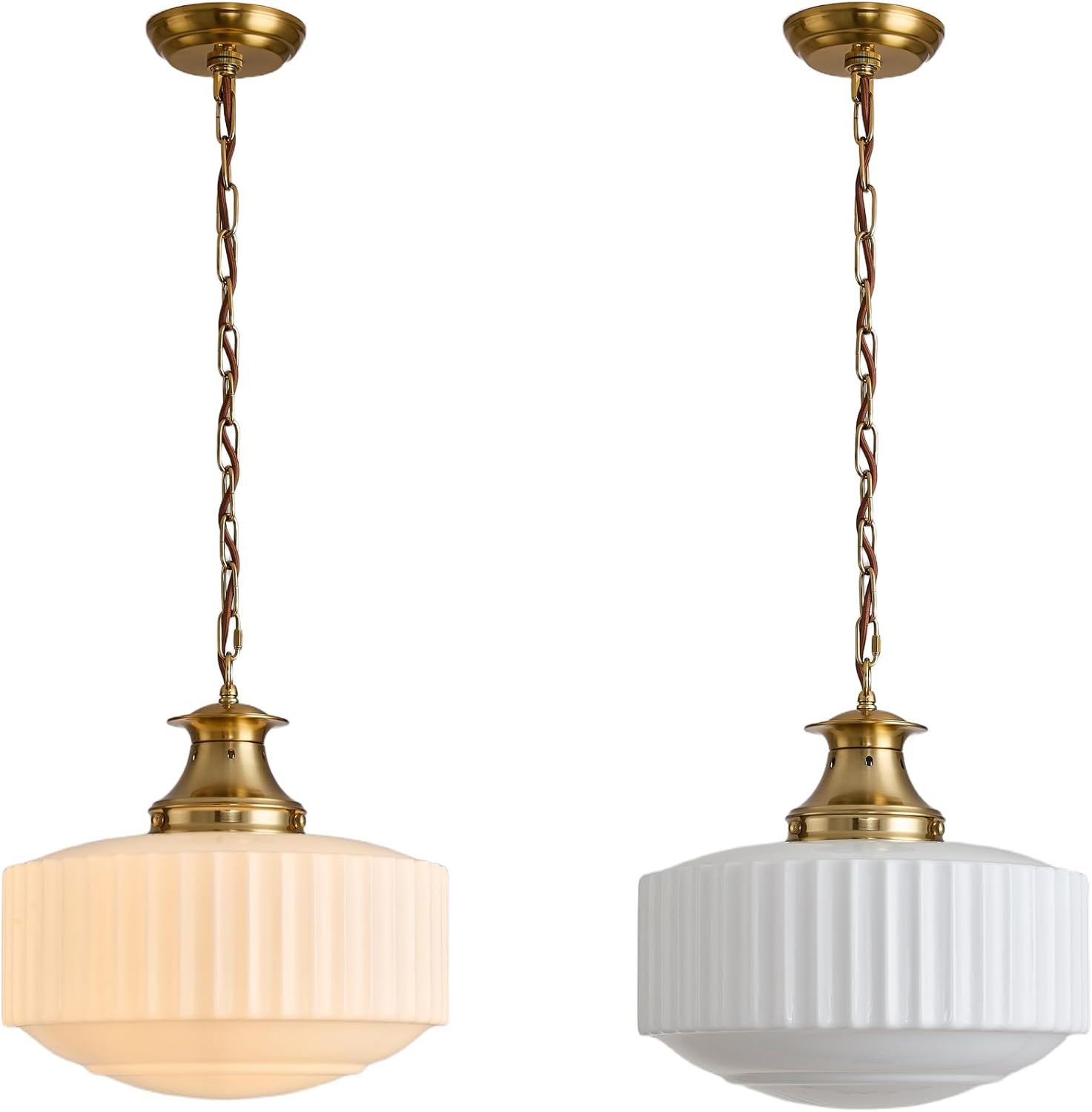 Vintage Brass Milk Glass Pendant Light Fixture, Mid‑Century Modern Chandelier, Antique Schoolhouse Pendant Lights for Kitchen Island, Dining Room, Entryway, Hallway, E26 Base