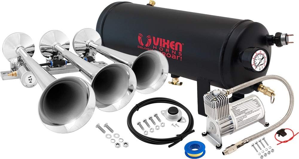 Vixen Horns Train Horn Kit for Trucks/Car/Semi. Complete Onboard System- 150psi Air Compressor, 1.5 Gallon Tank, 3 Trumpets. Super Loud dB. Fits Vehicles like Pickup/Jeep/RV/SUV 12v VXO8715/3118
