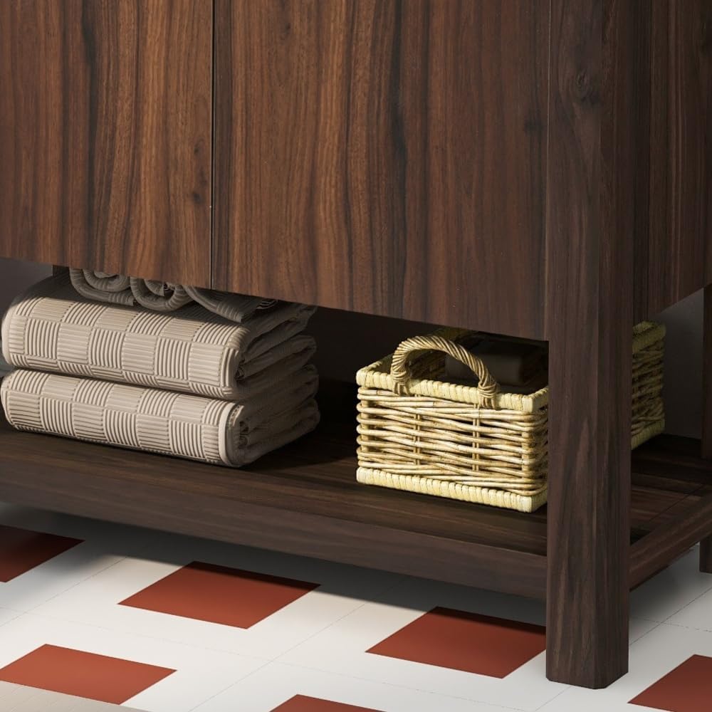 36" Modern Bathroom Vanity with Rectangle Ceramic Sink, Bathroom Cabinet with Large Storage Space and 45 Degrees Free-Handle Design Soft-Closing Doors, 1 Open Shelf at The Bottom, Dark Brown