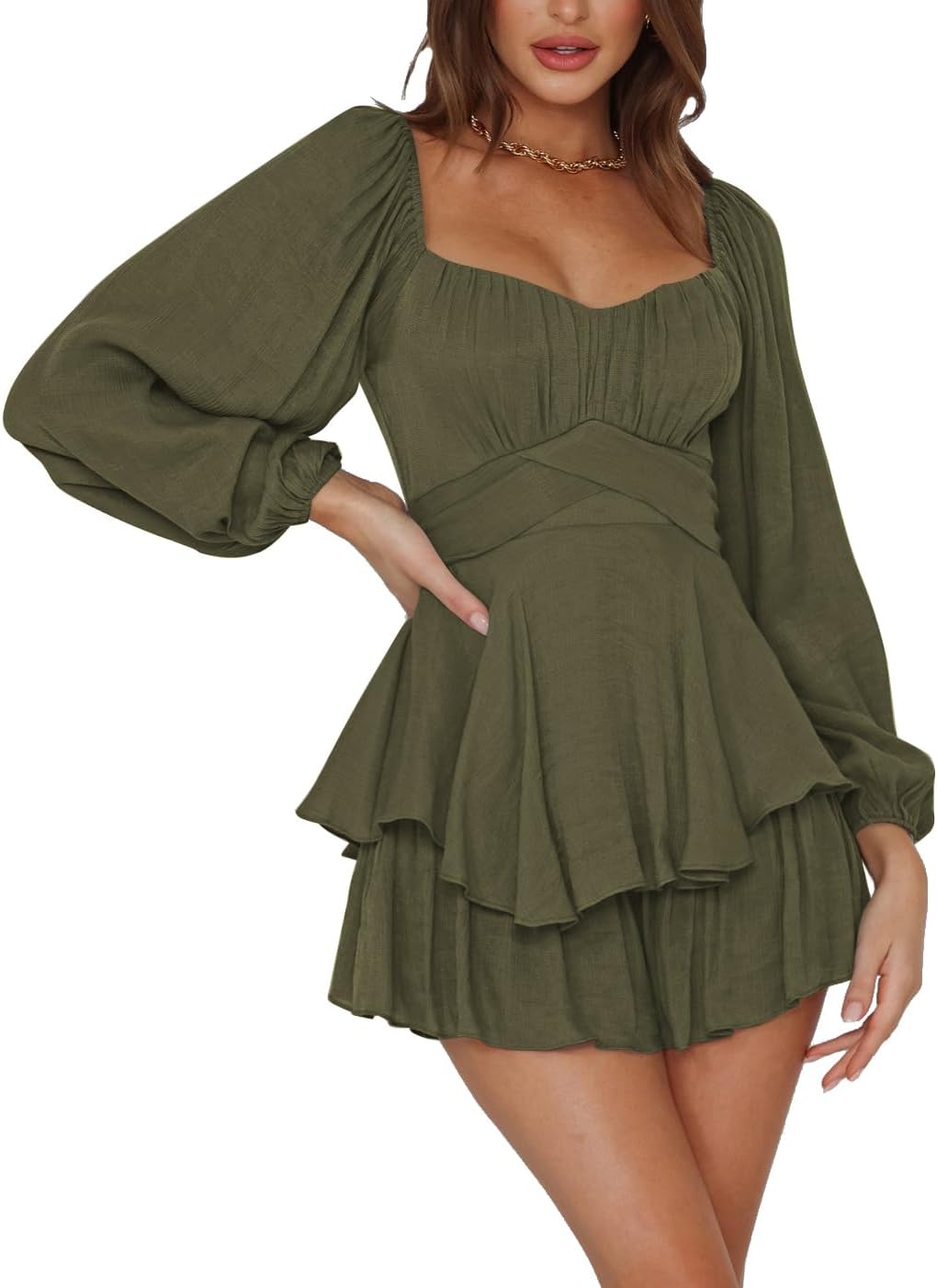 LYANER Women's Jumpsuit Lantern Long Sleeve Ruffle Layer Tie Mini Short Romper - Image 4