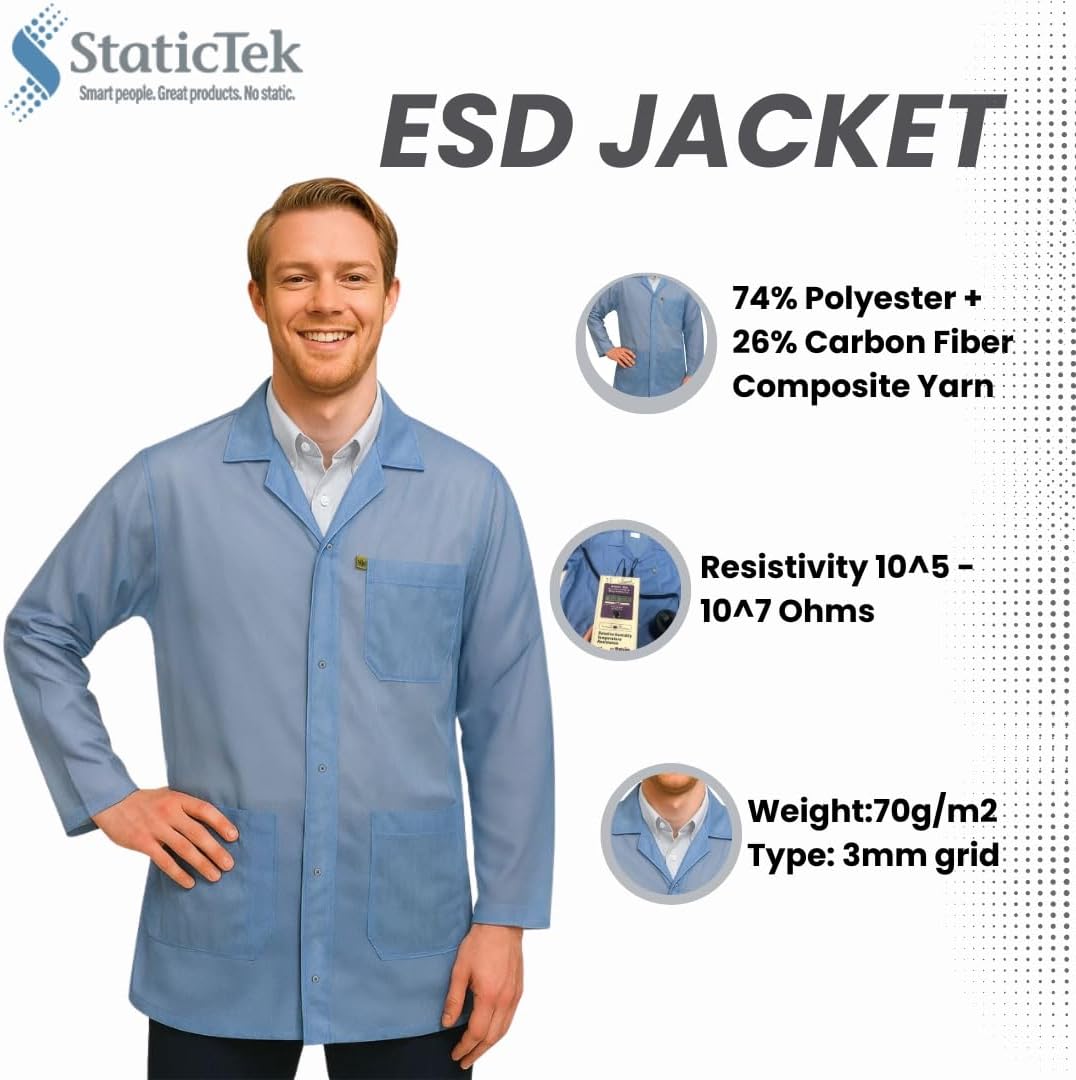 ESD Jacket with Snap Cuff - Level 3 Certified Anti-Static Smock - Lightweight Protective Workwear for Electronics & Labs