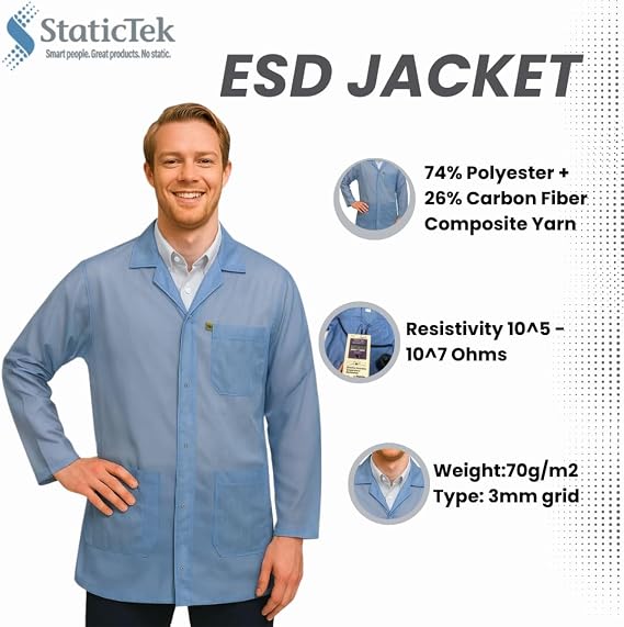 ESD Jacket with Snap Cuff - Level 3 Certified Anti-Static Smock - Lightweight Protective Workwear for Electronics & Labs