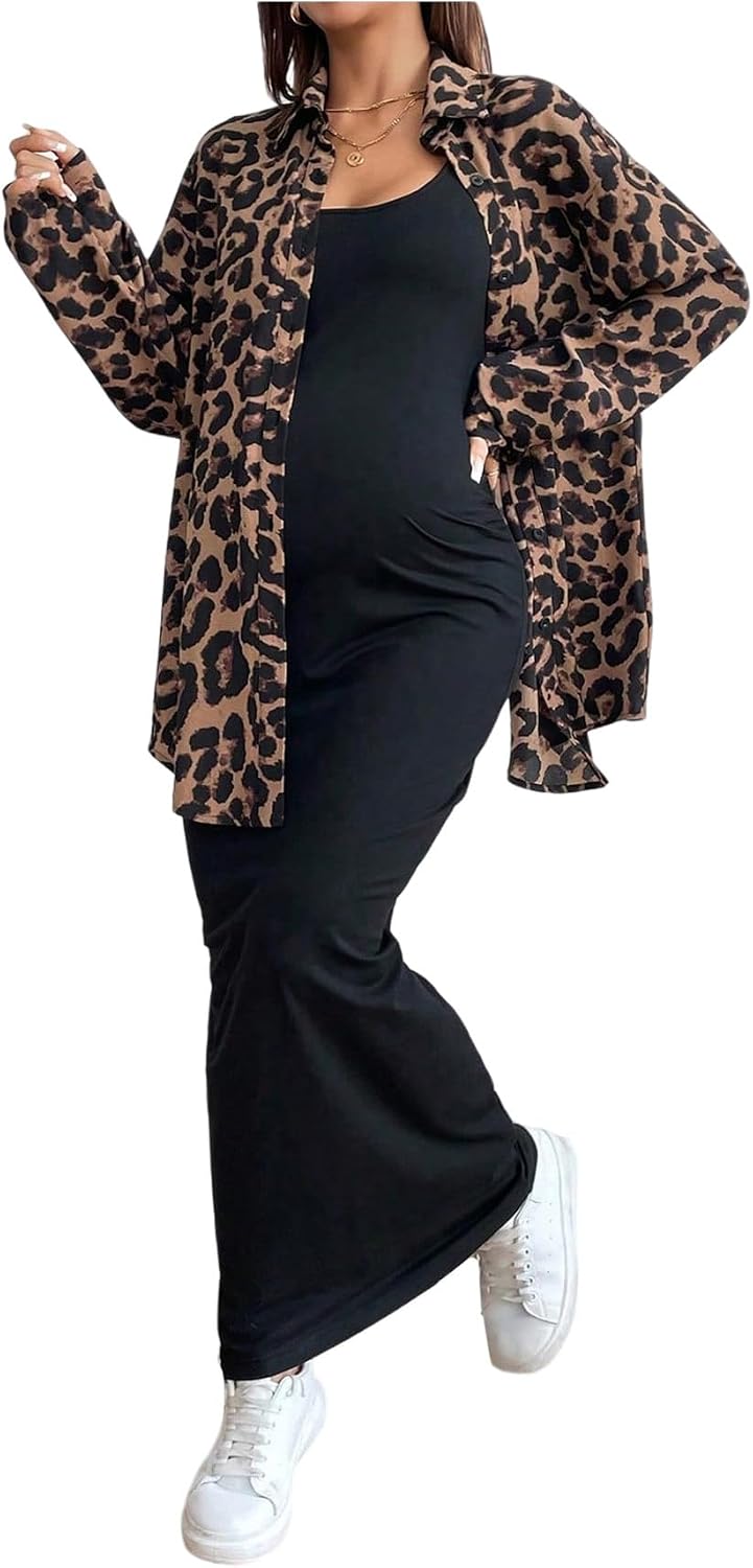 OYOANGLE Women's Maternity 2 Piece Outfits Scoop Neck Long Tank Dress and Leopard Button Down Shirts Set