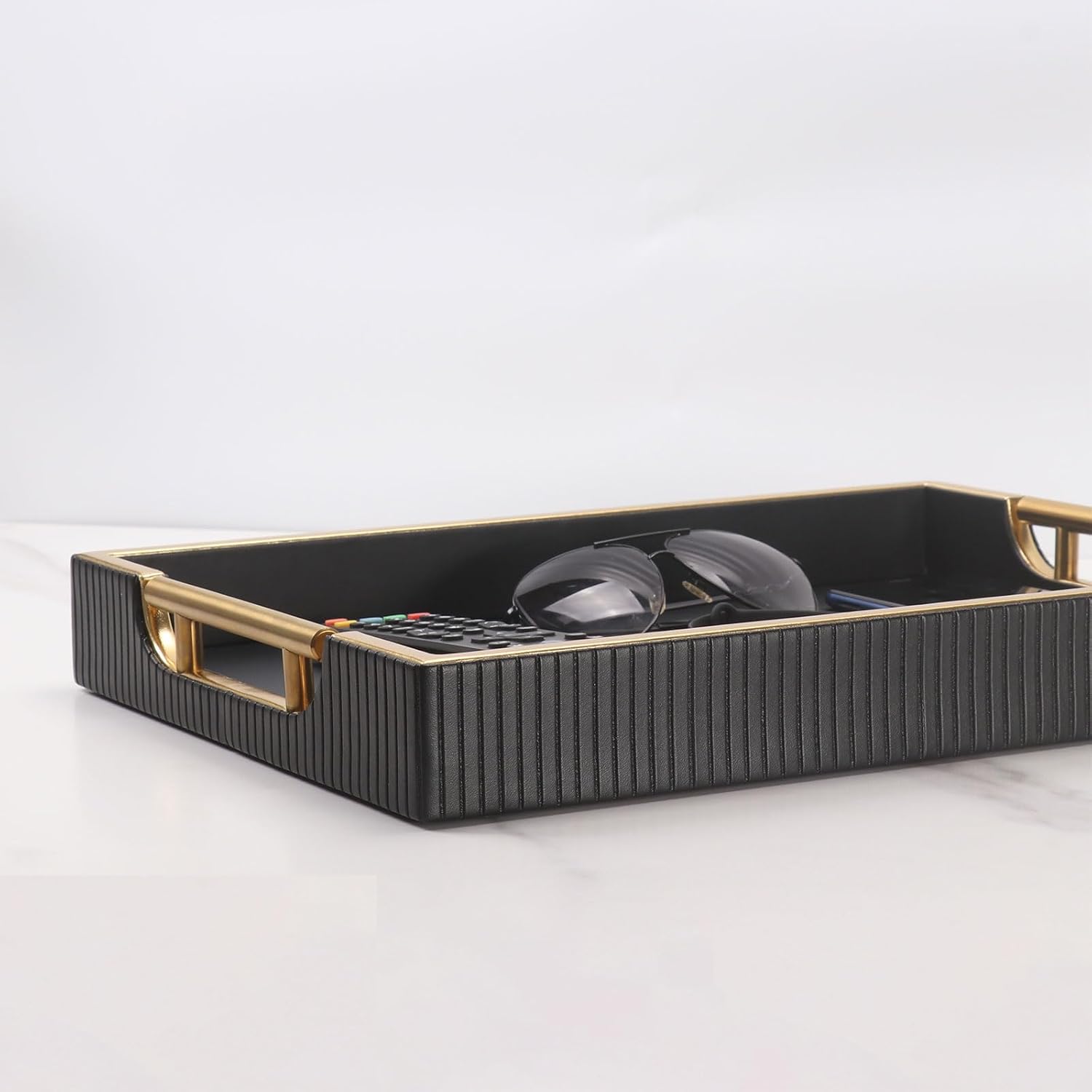 Wooden Structure Leather Decorative Coffee Table Square Tray, Farmhouse Counter PU Tray - Room Serving Trays, Brushed Champagne Gold Handle (Black)