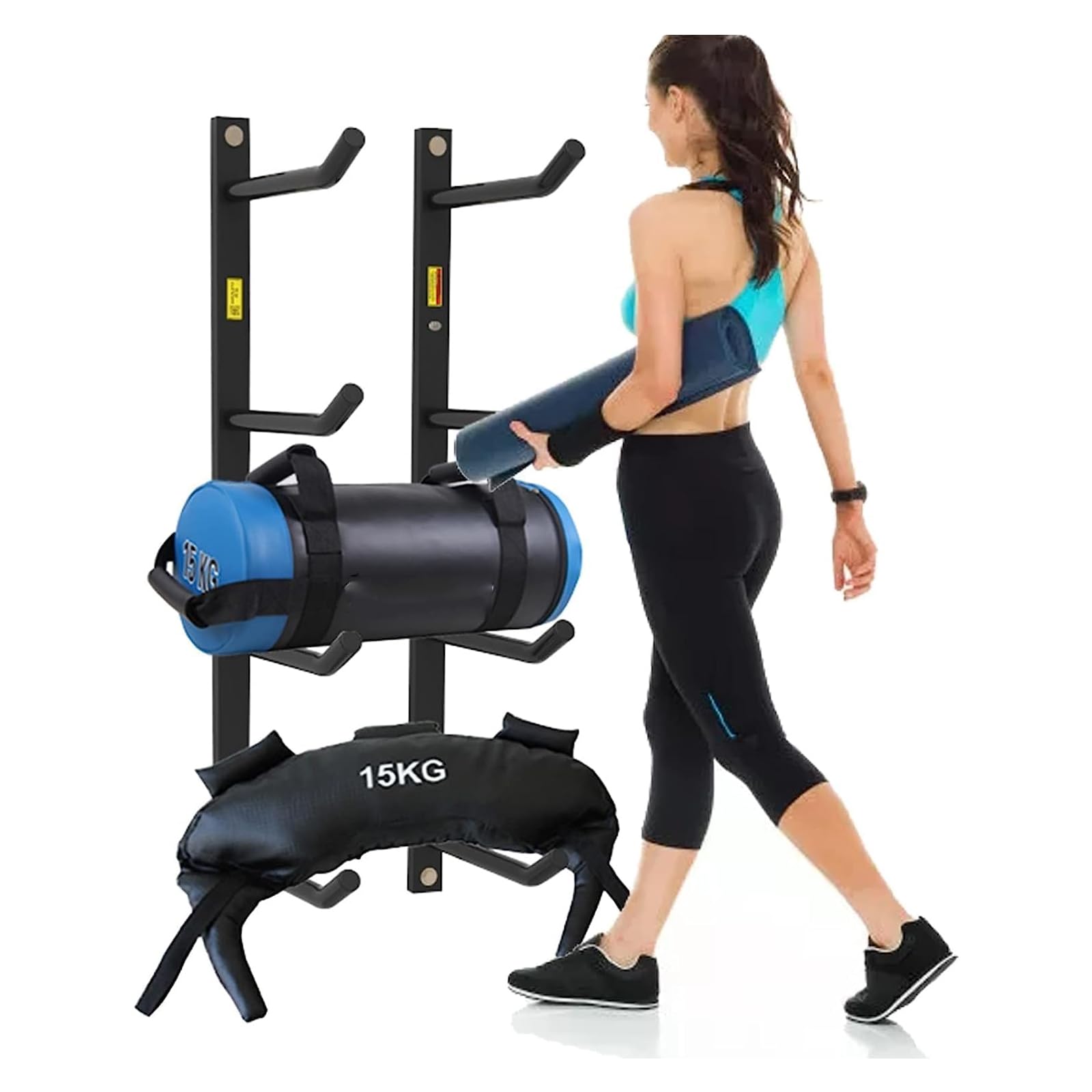 Heavy Du - Supporto da parete in metallo nero per casa e palestra, supporto per tappetino da yoga a 4 livelli, rullo in schiuma e bande di resi, soluzione salvaspazio per il fitness