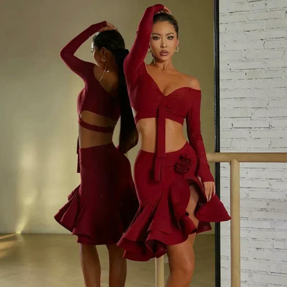 JJDFW - Costume da ballo latino con spalle scoperte, top con volant, per danza latina, abbigliamento da performance per samba e tango, set da donna
